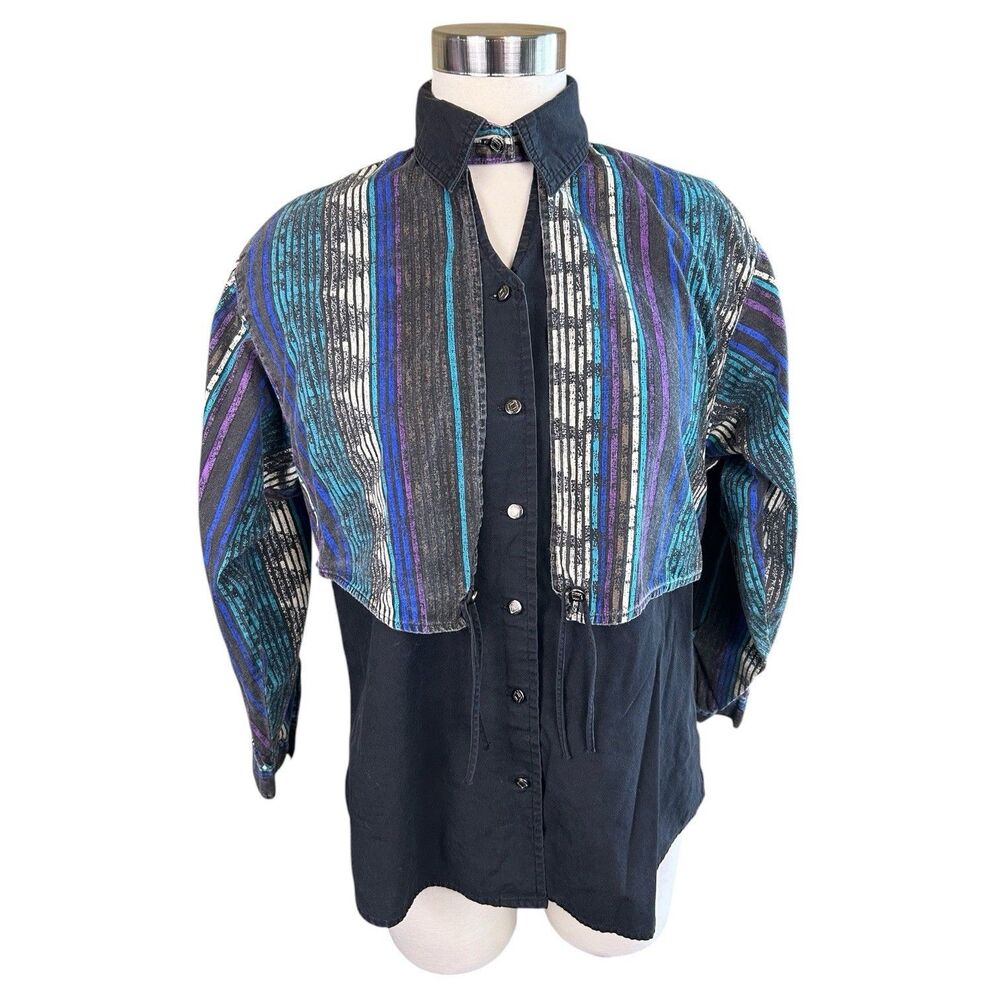 VTG Wrangler Blouse BOLD Lapel Keyhole Cowgirl Western Button Metal Conch Rodeo